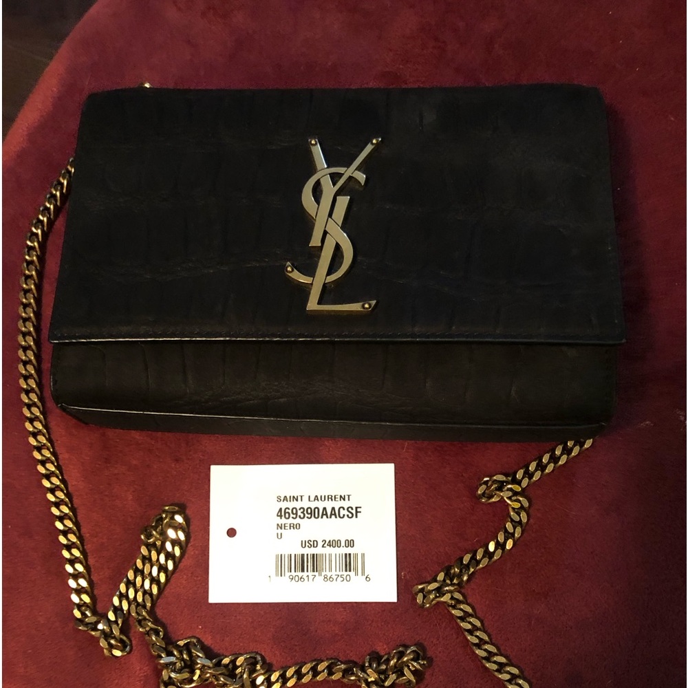Yves Saint Laurent Black Croc-Embossed Leather Shoulder Bag with Gold Hardware
